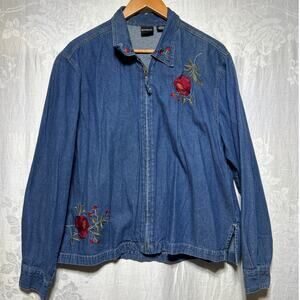 Vintage Jean Jacket XL Blue Denim Embroidered Roses Full Zip Erika